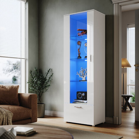 ELEGANT Display Cabinet High Gloss White Storage Cabinet, 600 x 400 x 1870 mm Bookcase with LED Lights, 5mm Safety Tempered Glass Shelves