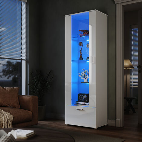 ELEGANT Display Cabinet High Gloss White Storage Cabinet, 600 x 400 x 1870 mm Bookcase with LED Lights, 5mm Safety Tempered Glass Shelves