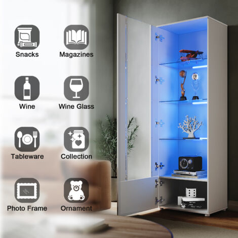 ELEGANT Display Cabinet High Gloss White Storage Cabinet, 600 x 400 x 1870 mm Bookcase with LED Lights, 5mm Safety Tempered Glass Shelves