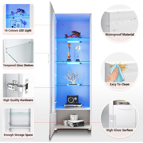 ELEGANT Display Cabinet High Gloss White Storage Cabinet, 600 x 400 x 1870 mm Bookcase with LED Lights, 5mm Safety Tempered Glass Shelves