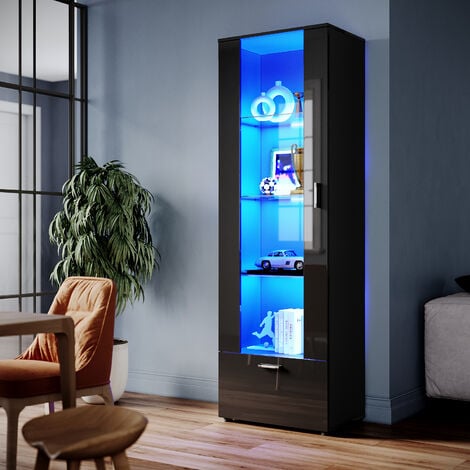 ELEGANT High Gloss Front Display Cabinet Modern Design Showcase Cabinet with 5mm Tempered Glass Shelves, Black 600 x 400 x 1870 mm