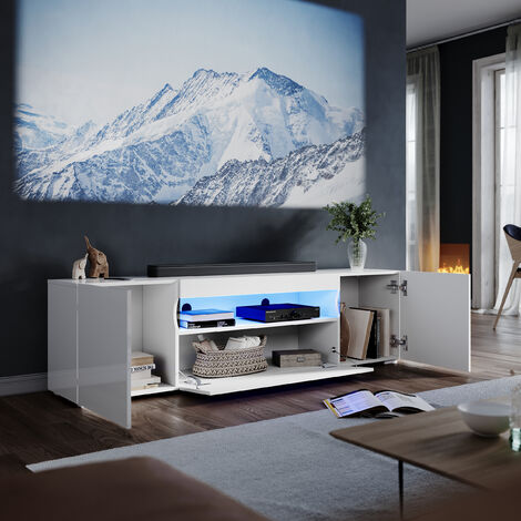 ELEGANT TV Stand Front High Gloss LED TV Cabinet Floor Stand TV Unit with Storage for Bedroom Living Room, 1800mm White TV Entertainment Unit