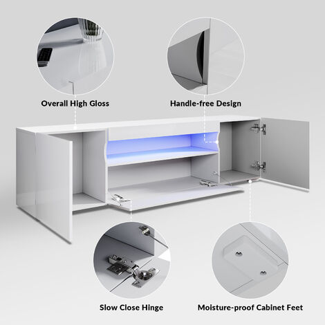 ELEGANT TV Stand Front High Gloss LED TV Cabinet Floor Stand TV Unit with Storage for Bedroom Living Room, 1800mm White TV Entertainment Unit