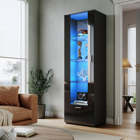 ELEGANT Display Cabinet High Gloss Storage Cabinet in Black, 600 x 400 x 1870 mm Bookcase with 5mm Safety Tempered Glass Shelves, LED Lights