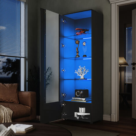 ELEGANT Display Cabinet High Gloss Storage Cabinet in Black, 600 x 400 x 1870 mm Bookcase with 5mm Safety Tempered Glass Shelves, LED Lights
