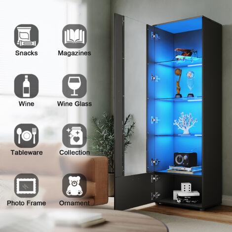 ELEGANT Display Cabinet High Gloss Storage Cabinet in Black, 600 x 400 x 1870 mm Bookcase with 5mm Safety Tempered Glass Shelves, LED Lights