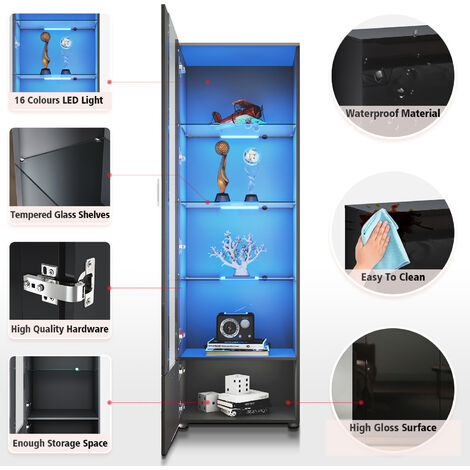 ELEGANT Display Cabinet High Gloss Storage Cabinet in Black, 600 x 400 x 1870 mm Bookcase with 5mm Safety Tempered Glass Shelves, LED Lights