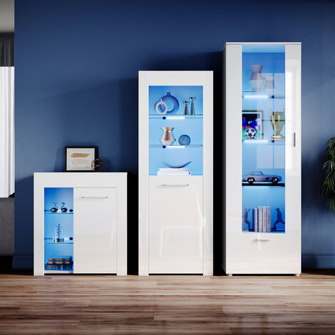 ELEGANT White Display Cabinet Set High Gloss Living Room Set Bookcase Sideboard Cupboard Tall Storage Cabinet with Multicolour LED Light