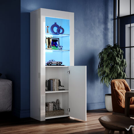 ELEGANT White Display Cabinet Set High Gloss Living Room Set Bookcase Sideboard Cupboard Tall Storage Cabinet with Multicolour LED Light