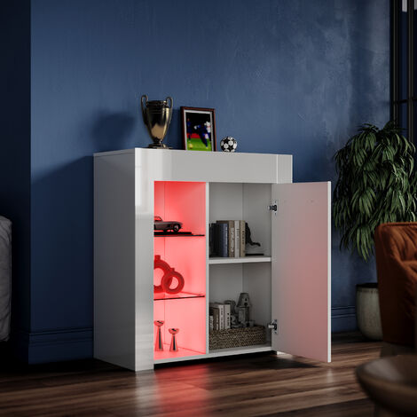 ELEGANT White Display Cabinet Set High Gloss Living Room Set Bookcase Sideboard Cupboard Tall Storage Cabinet with Multicolour LED Light