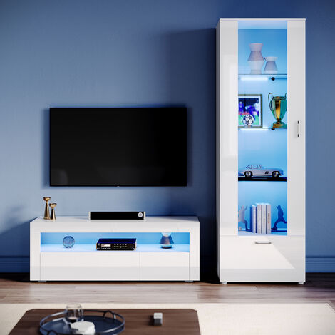 ELEGANT Living Room Furniture Set with LED Light 120cm TV Stand with Slow Close Hinge, Display Cabinet with Glass Shelf Tall Storage Cabinet