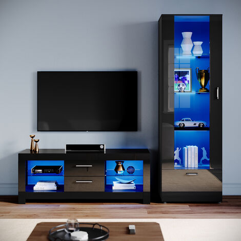 ELEGANT Living Room Set Modern High Gloss Fronts with LED Light, 1300mm TV Stand, Display Cabinet with Glass Shelf Tall Storage Cabinet, Black