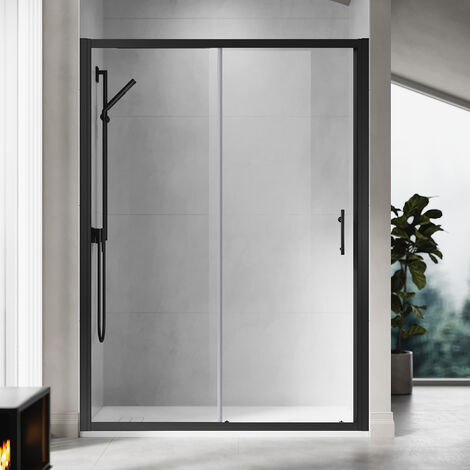 ELEGANT 1400mm Sliding Shower Enclosure Black Frame Shower Door 6mm Tempered Glass with 1400x900mm Non Slip Shower Tray, Waste Trap (1/5)