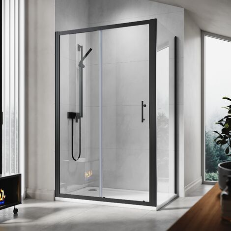 ELEGANT 1000mm Black Frame Sliding Shower Door Enclosure with 900mm Side Glass Panel 6mm Tempered Glass with 1000x900mm Shower Tray, Waste Trap (1/5)