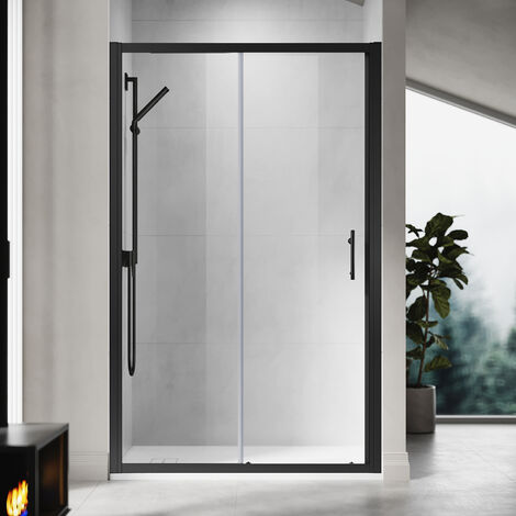 ELEGANT 1000mm Sliding Shower Enclosure Black Frame Shower Door 6mm Tempered Glass with 1000x800mm Non Slip Shower Tray, Waste Trap (1/5)