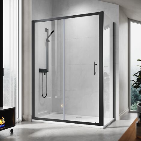 ELEGANT 1400mm Black Frame Sliding Shower Door Enclosure with 760mm Side Glass Panel 6mm Tempered Glass (1/5)