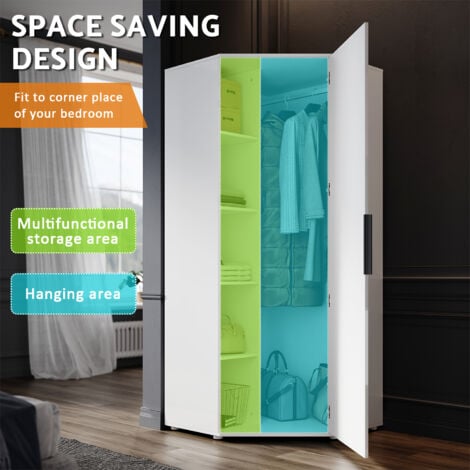 ELEGANT Wardrobe Single Door 800 x 800 x 1860 mm High Gloss Corner Wardrobe White Bedroom Stoarge Furniture with Shelves, Hanging Rails