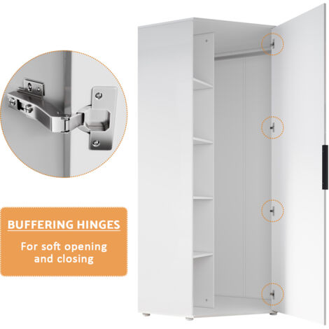 ELEGANT Wardrobe Single Door 800 x 800 x 1860 mm High Gloss Corner Wardrobe White Bedroom Stoarge Furniture with Shelves, Hanging Rails
