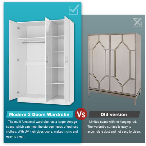 ELEGANT Wardrobe Triple Door White High Gloss Bedroom Closet Storage Furniture with Shelves, Metal Handles, Hanging Rail, 1200 x 500 x 1800 mm