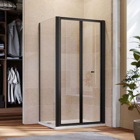 ELEGANT 1000mm Black Frame Bifold Shower Door Enclosure with 700mm Side Panel Folding Bathroom Glass Wet room (1/5)