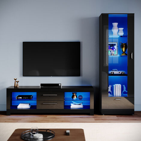 ELEGANT Living Room Set Modern High Gloss Fronts with LED Light, 1600mm TV Stand, Display Cabinet with Glass Shelf Tall Storage Cabinet, Black