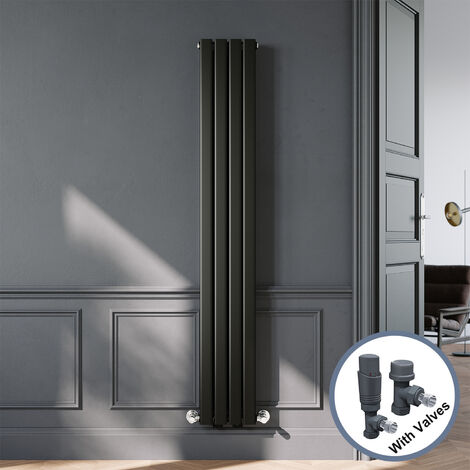 ELEGANT Designer Black Double Panel Vertical Radiator 1800 x 272mm with Anthracite Angled Thermostatic Radiator Valves (1/5)