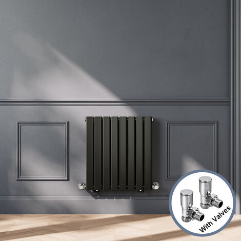 ELEGANT Designer Black Horizontal Radiator 600 x 544mm Double Panel Flat Panel Rads with Chrome Angled Radiator Valves (1/5)