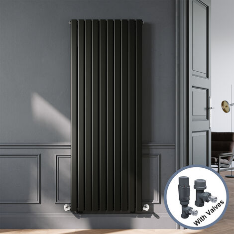 ELEGANT Designer Black Double Panel Vertical Radiator 1800 x 680mm with Anthracite Angled Thermostatic Radiator Valves (1/5)