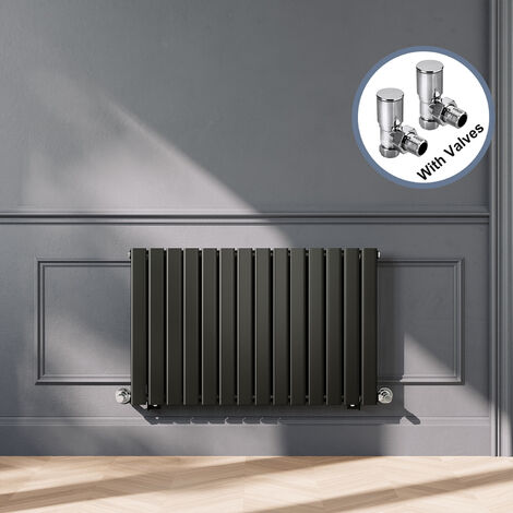 ELEGANT Designer Black Horizontal Radiator 600 x 952mm Single Panel Flat Panel Rads with Chrome Angled Radiator Valves (1/5)