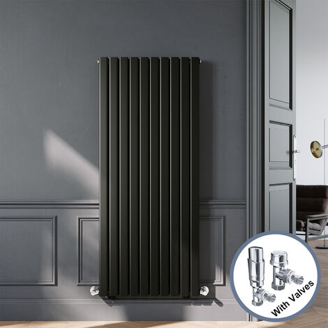 ELEGANT Black Designer Vertical Radiator Double Panel Rads 1600 x 680mm with Chrome Angled Thermostatic Radiator Valves (1/5)