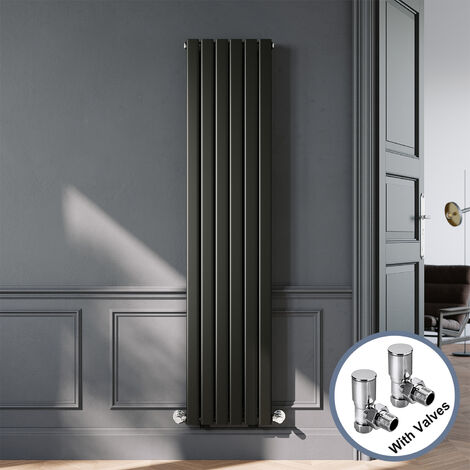 ELEGANT Designer Black Vertical Radiator 1800 x 408mm Double Panel Flat Panel Rads with Chrome Angled Radiator Valves (1/5)