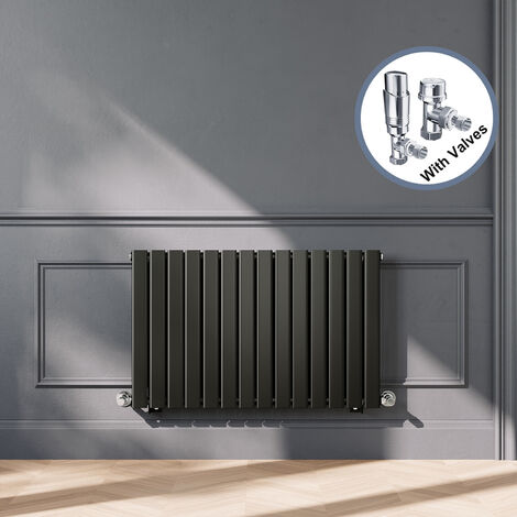 ELEGANT Black Designer Horizontal Radiator Single Panel Rads 600 x 952mm with Chrome Angled Thermostatic Radiator Valves (1/5)