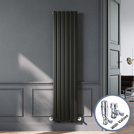 ELEGANT Black Designer Vertical Radiator Double Panel Rads 1800 x 408mm with Chrome Angled Thermostatic Radiator Valves (1/5)