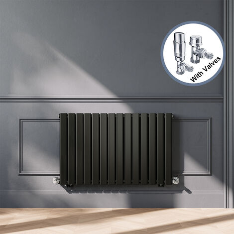 ELEGANT Black Designer Horizontal Radiator Double Panel Rads 600 x 952mm with Chrome Angled Thermostatic Radiator Valves (1/5)