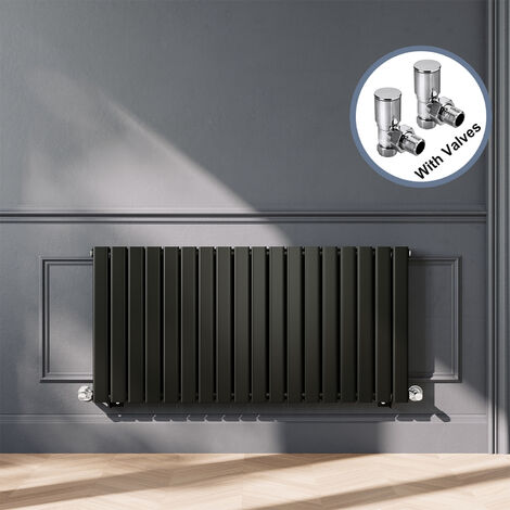 ELEGANT Designer Black Horizontal Radiator 600 x 1224mm Double Panel Flat Panel Rads with Chrome Angled Radiator Valves (1/5)