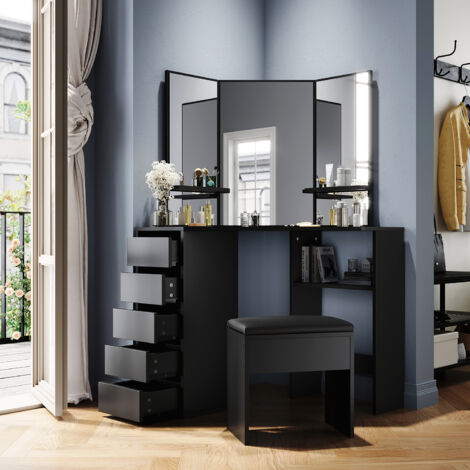 ELEGANT Corner Dressing Table Set Makeup Dresser Desk with 3 Large Mirrors  5 Drawers Black Vanity Console Bedroom Modern Furniture with Stool