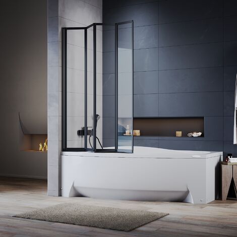 ELEGANT Bath Screen 4mm Safety Tempered Glass Shower Screen 4 Folding Matt Black Frame Glass Screen 900x1400mm