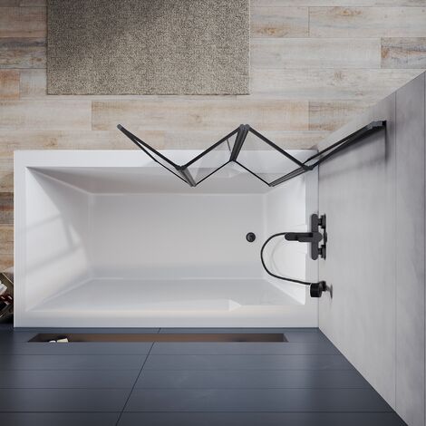 ELEGANT Bath Screen 4mm Safety Tempered Glass Shower Screen 4 Folding Matt Black Frame Glass Screen 900x1400mm