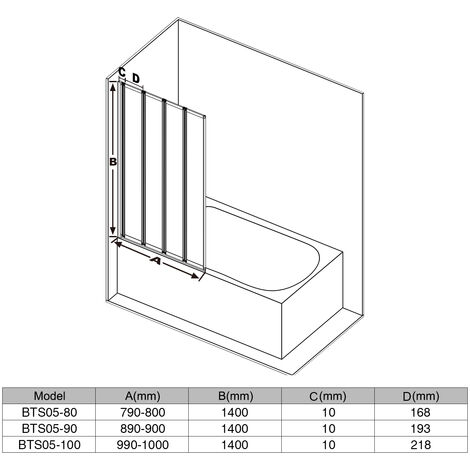 ELEGANT Bath Screen 4mm Safety Tempered Glass Shower Screen 4 Folding Matt Black Frame Glass Screen 900x1400mm