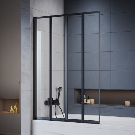 ELEGANT Bath Screen 4mm Safety Tempered Glass Shower Screen 4 Folding Matt Black Frame Glass Screen 1000x1400mm