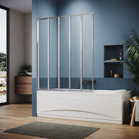 ELEGANT Bath Screen Chrome 5 Fold Pivot Shower Screen for Bath 1200x1400mm Glass Screen 4mm Safety Tempered Glass Panel