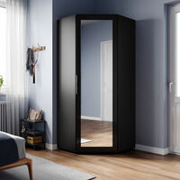 ELEGANT Corner Mirrored Wardrobe Modern High Gloss Furniture with 2 Hanging Rails and 4 Storage Shelves, Bedroom Closet Storage, Space Saving Design, Black