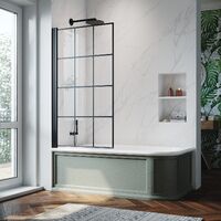Matt Black 180 Degree Pivot Panel Bath Screen Square Grid Design 800x1400mm Tempered Glass Panel