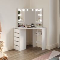 ELEGANT Corner Dressing Table, LED Vanity Makeup Desk with 3 Mirrors 5 Drawers, White Bedroom Furniture Corner Curved Vanity Table