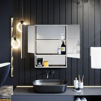 ELEGANT Silver Double Mirror Wall Mounted Cabinet 800 x 600 mm Stainless Steel Bathroom Wall Cabinets 2 Door with 3 Shelves 