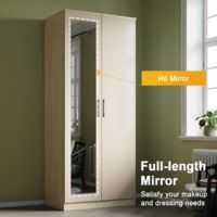 ELEGANT Soft Close 2 Door Wardrobe High Gloss with Mirror Cream/Oak 1780x760x450mm Bedroom Furniture