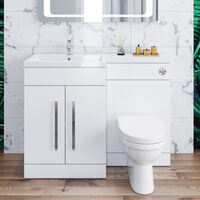 ELEGANT 1100mm L Shape Bathroom Vanity Sink Unit Storage.Left Hand High Gloss White Vanity unit + Basin + Ceramic D shaped Toilet with Concealed Cistern + toilet brush
