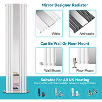 ELEGANT 1800 x 500 mm Vertical Mirror Radiator Designer Oval Column Panel Central Heating Radiators (White) + Thermostatic Radiator Valves