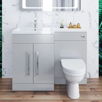 ELEGANT 1100mm Bathroom Vanity Sink Unit Furniture Storage.Right Hand Matte Grey Vanity unit + Basin + Ceramic D shaped Toilet with Concealed Cistern + toilet brush