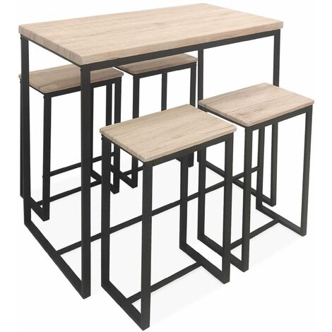Set table haute rectangulaire LOFT avec 4 tabourets de bar, acier et décor bois, encastrable, design